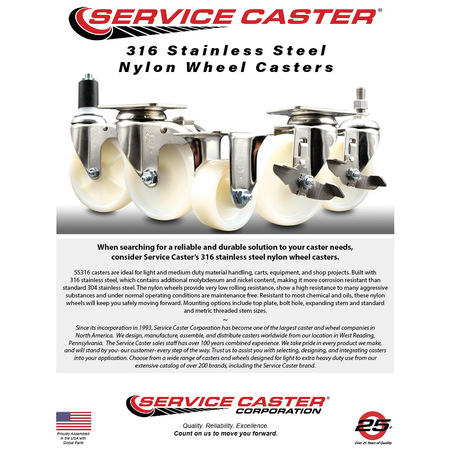 Service Caster 4 Inch 316SS Nylon Wheel Swivel Top Plate Caster Set with Brake SCC-SS31620S414-NYS-TLB-4